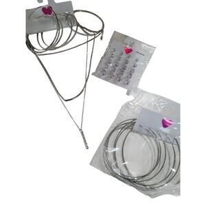 Women's Silver Costume Jewelry Set‎ Hoop Earrings Diamond Layered Necklace #7